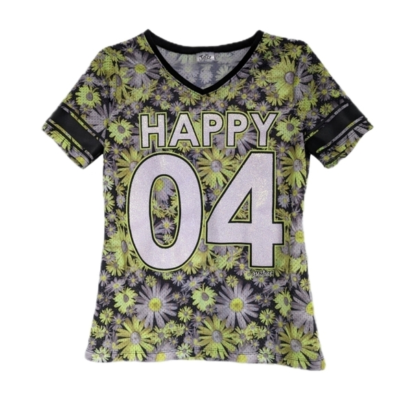 Justice Glitter Jersey Daisy Print Black Detailing Neon Green White Grey- sz 16 - Picture 1 of 8